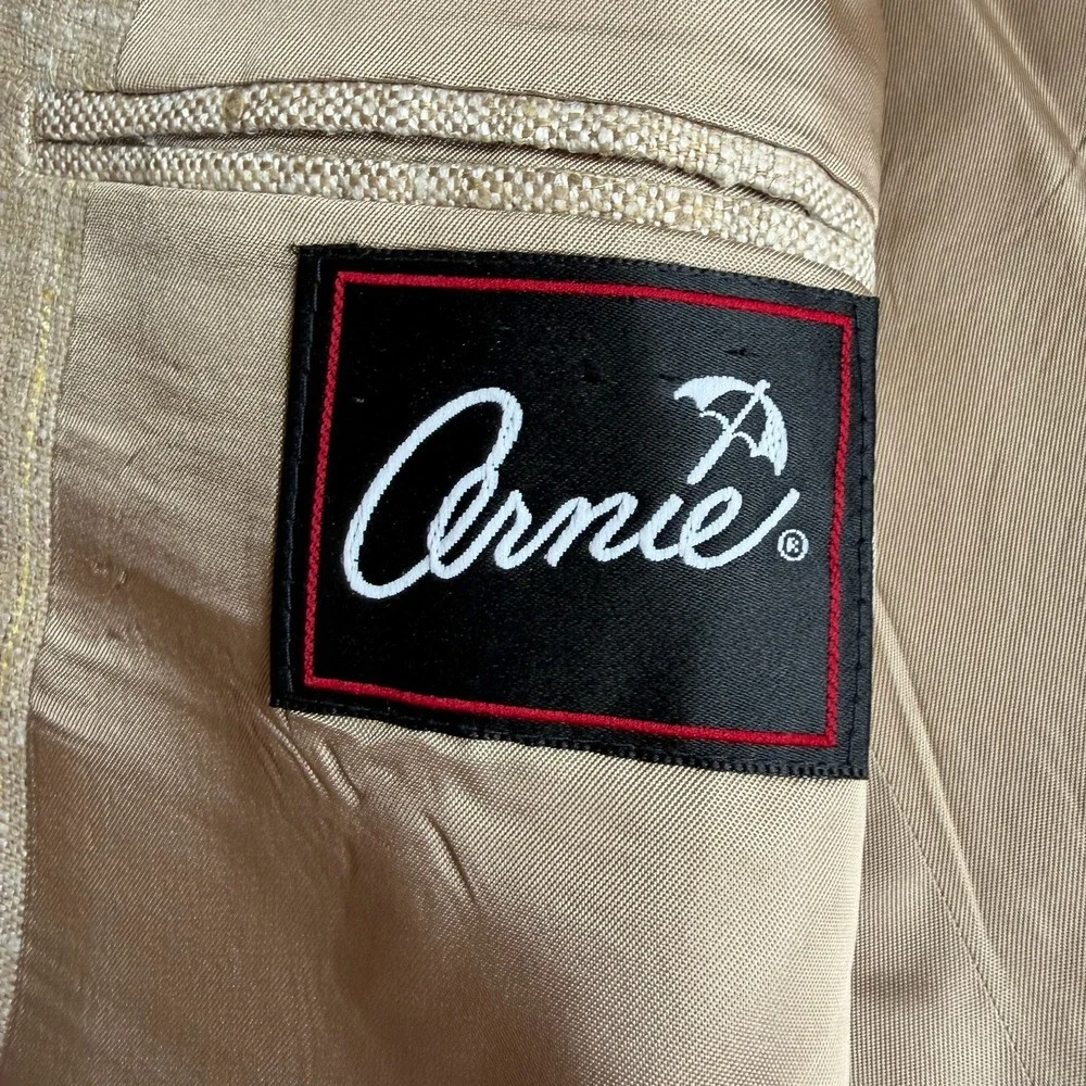 Vintage 90s Arnie 100% Woven Silk Blazer 40L Tan Textured Minimalist Mens Jacket